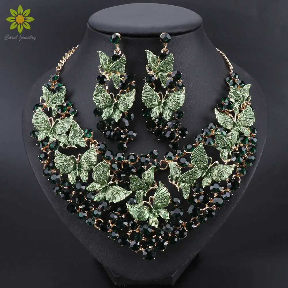 Luxury Green Necklace Earrings Set Butterfly Jewelry Sets for Brides Gift for Women Wedding Party Indian Costume Jewellery