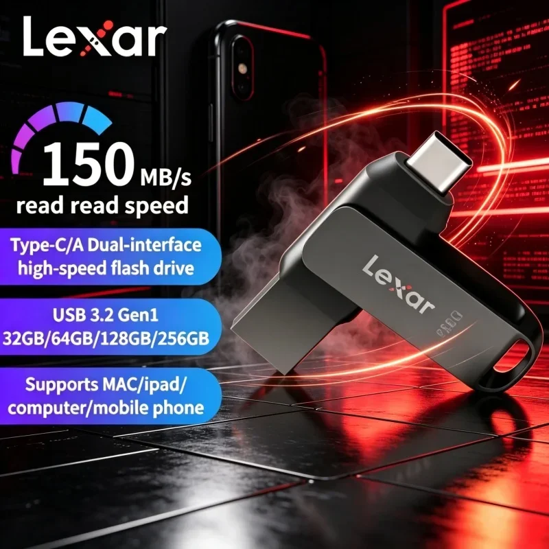 Lexar Dual‑Interface Memory U Disk USB3.2 Gen1 Type‑C USB‑A 150MB/s Flash Drive For Phone Tablet Laptop Mac