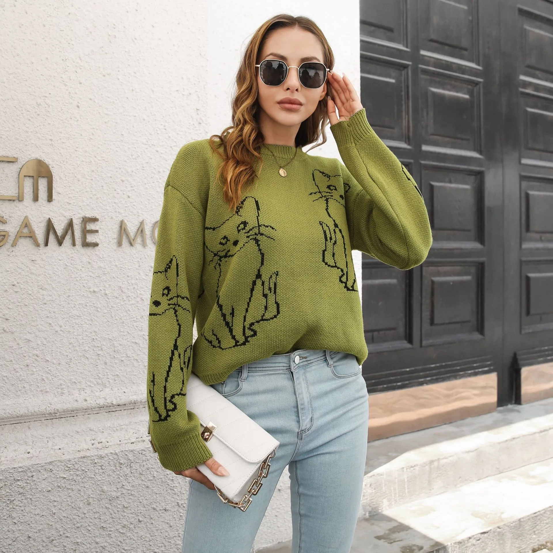 Women's Sweater Crew Neck Long Sleeve Pullover Loose Fit 3d Pattern Knitwear Cat Print Olive Green Knitted Sweater Women Clothes