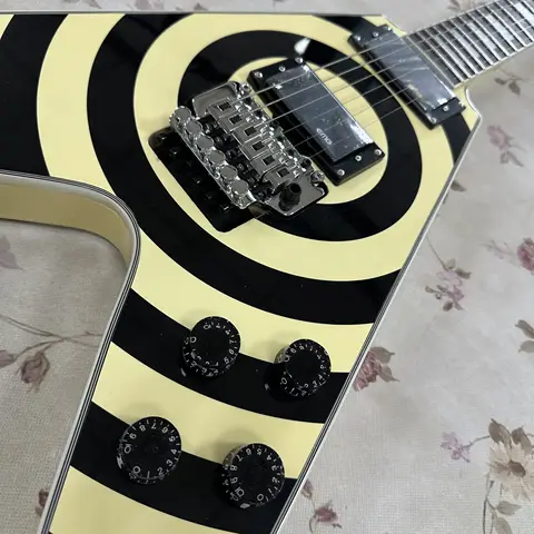 US warehouse Black Yellow Bullseye Striped Flying V Electric Guitar Double Tremolo System EMG Humbucker Pickups Block Inlay Heavy Metal Hard Rock Stage Guitar Free Shipping