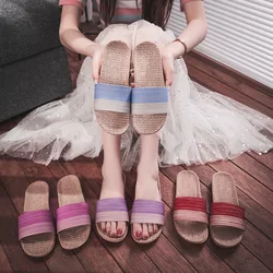 Mntrerm Linen Slippers For Female Lovers In Summer Indoor Household For Lovers Anti-Skid Foot Sandals For Male Lovers In Summe