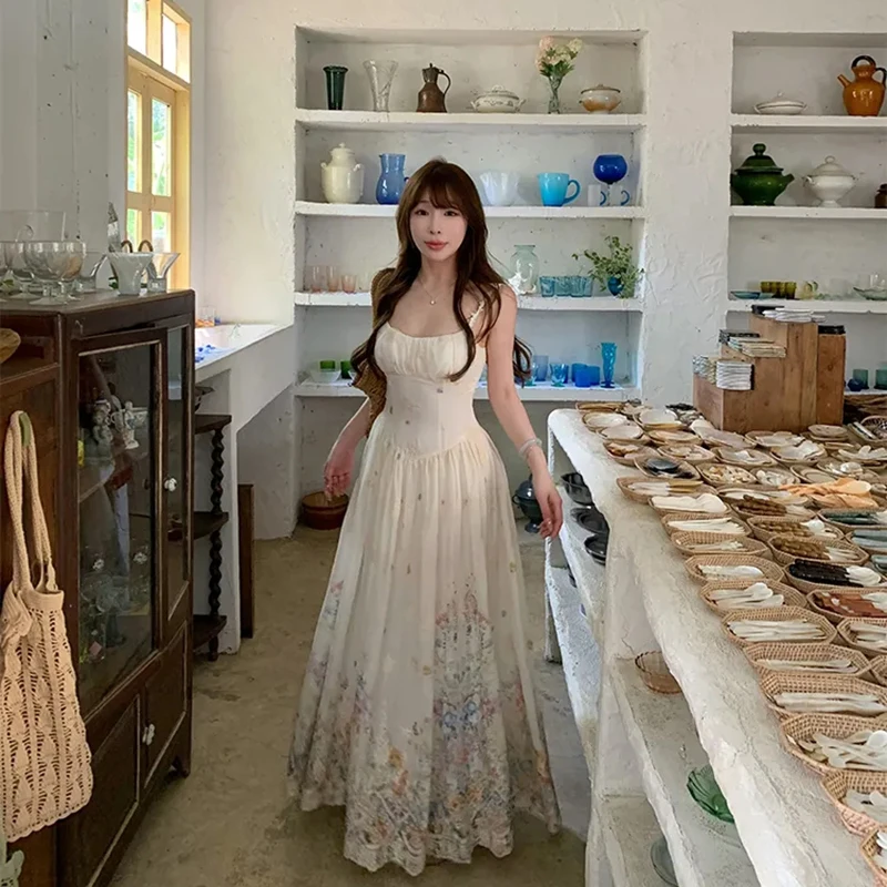 Abito con cinturino per spaghetti con stampa dolce Donna Moda coreana Vacanza Abito floreale senza maniche Estate Harajuku Dolce Camis Abiti lunghi
