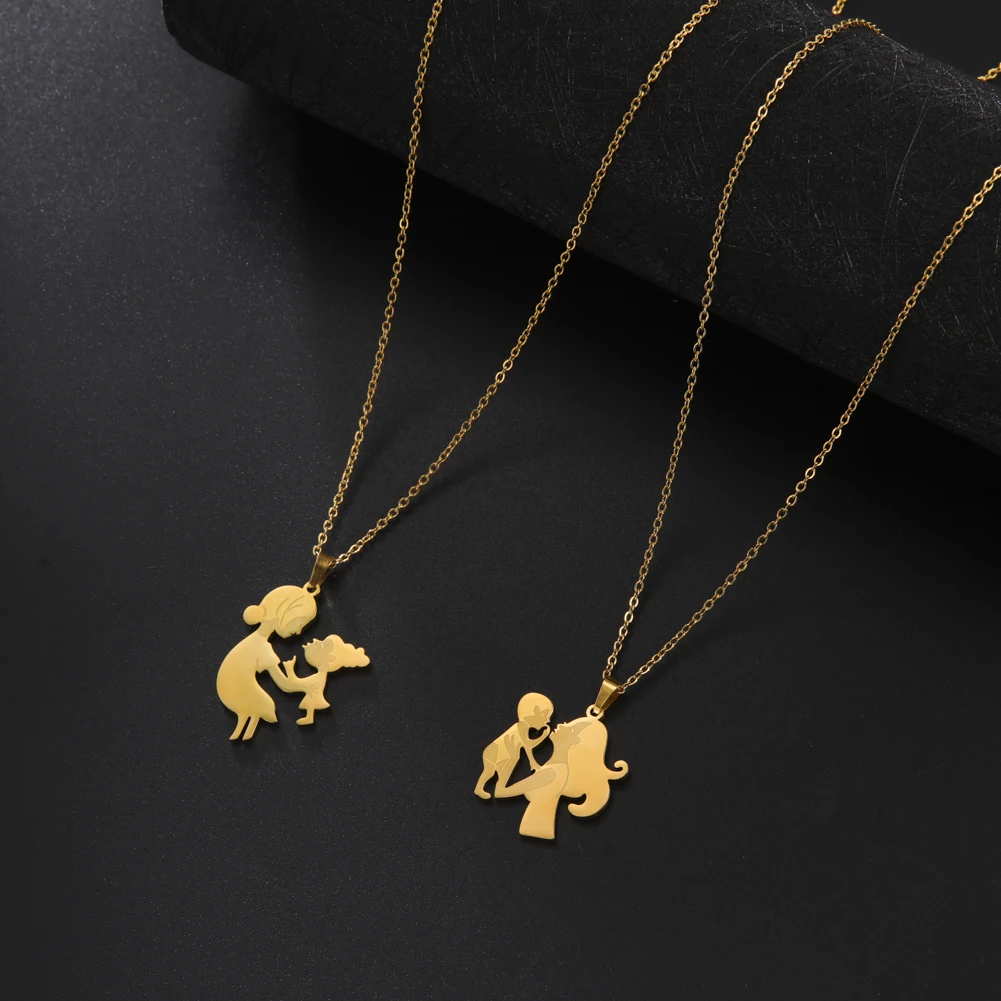 Kkjoy Fashion Stainless Steel Gold Color Mom Family Kid Baby Pendant Necklace For Women Love Mother Day Exquisite Jewelry Gift