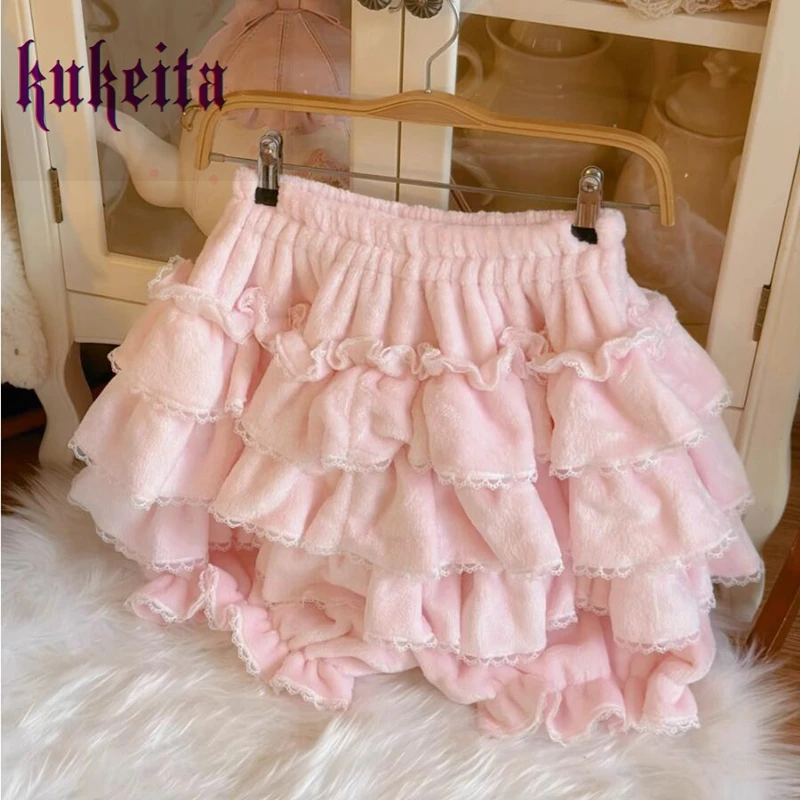 Kukeita Harajuku Kawaii Lolita Pleated Shorts Skirts Women Fairy Y2k Aesthetic Pink Cute Plush Bloomers Faldas Mujer Moda