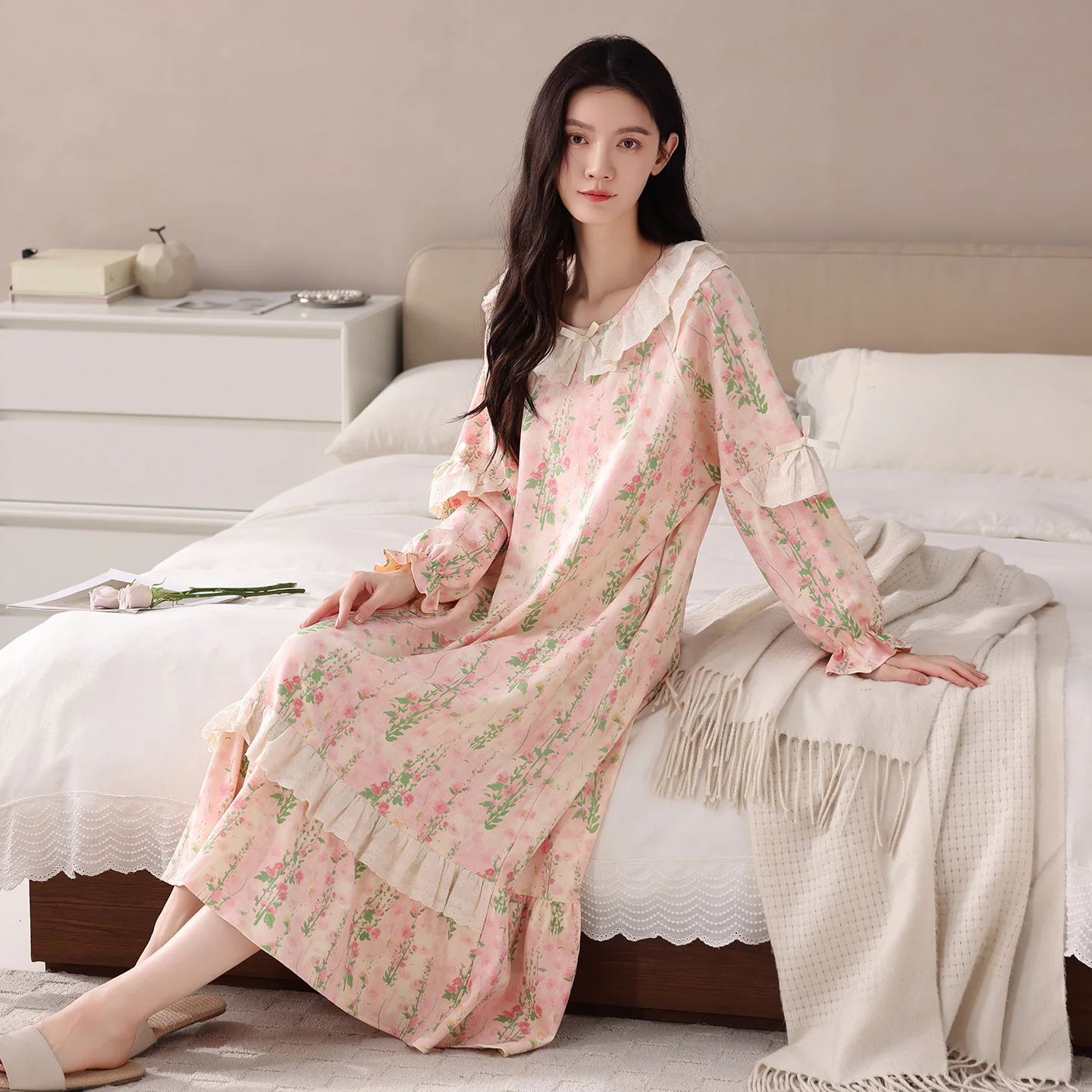 

Fashion Lace Bow Flower Print Women's Nightgown Spring Autumn Long Sleeved Sleepwear Long Dress New Sweet Loose Home Clothes