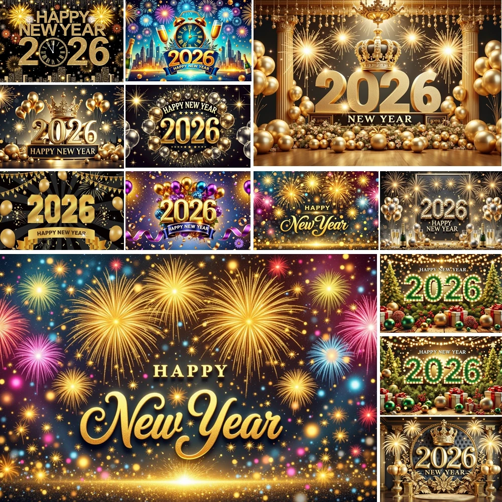 MOON.QG 2026 السنة الجديدة الديكور خلفية ساعة ذهبية بالون الهدايا الخلفيات للتصوير الفوتوغرافي فوتوبوث استوديو الملحقات