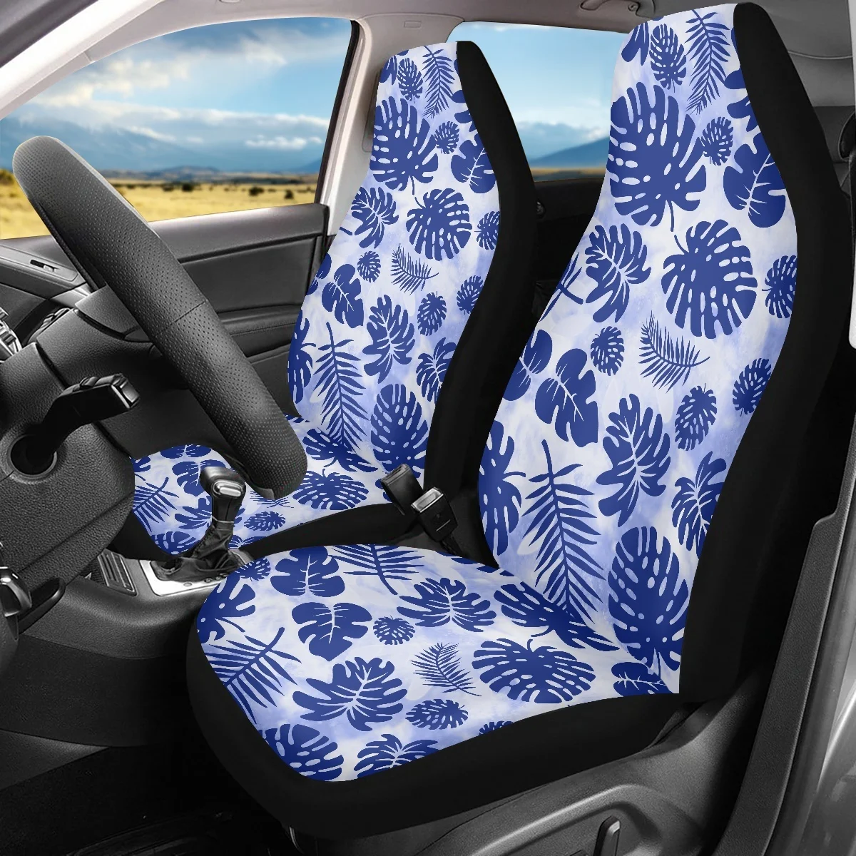 Car Seat Cover Blue Hawaiian Tropical Plants Printing Slip-Resistant Durable Sedan Accessory 2pcs Set Automobile Seat Protector