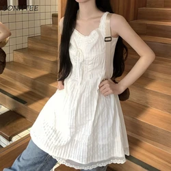 White Dress Women Sleeveless Summer Holiday Mini Sweet Lace Flattering Waist A-line Vestidos Elegant Simple Korean Style Folds