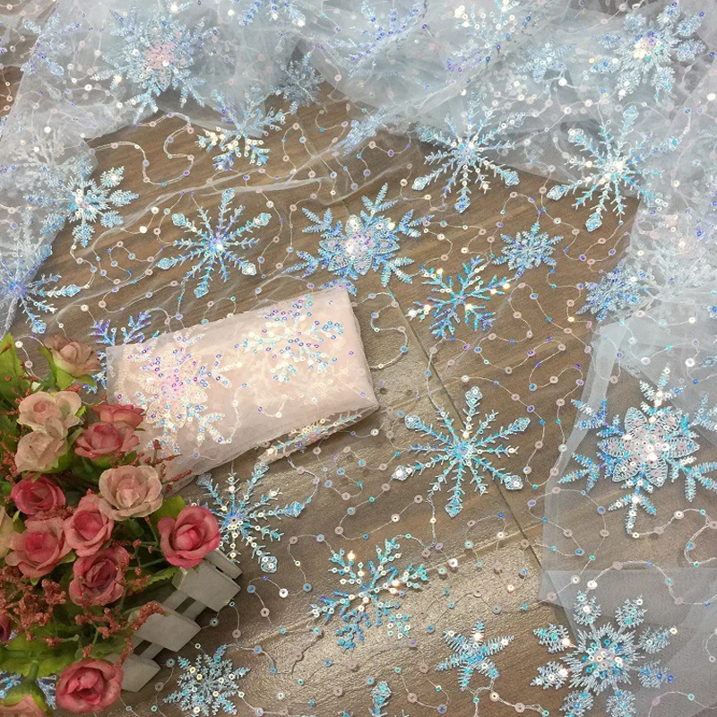 High Quality Blue Snowflake Sequin Mesh Embroidery Fabric Haute Couture women\'s DIY Dress Lce Queen Beaded Embroidery Fabric