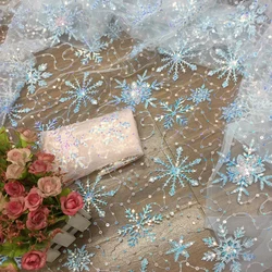 High Quality Blue Snowflake Sequin Mesh Embroidery Fabric Haute Couture women's DIY Dress Lce Queen Beaded Embroidery Fabric