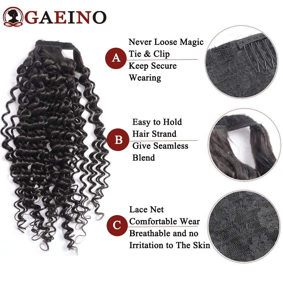 GAEINO Deep Wave Clip in Ponytail Hair Extension Curly Human Hair Wrap Around Pony Tail Dark Blonde Brown Hair Piece  18-28Inch