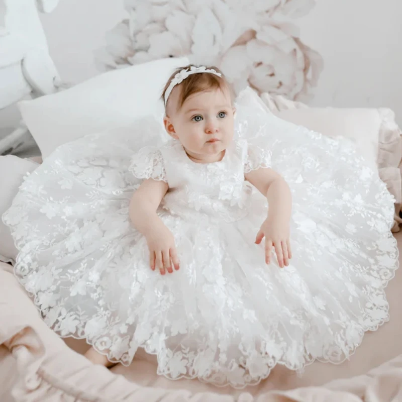 White Baby Dresses Flower Girl Dresses Tulle Flory Pattern Short Sleeve For Wedding Birthday Party First Communion Gown