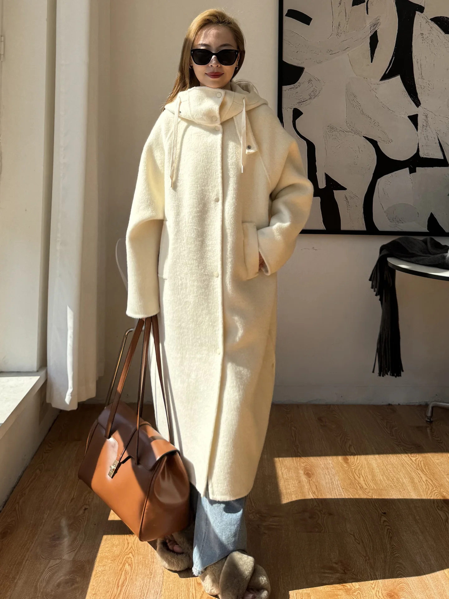 2025 Autumn New High End Warm Thickened Grey Hooded Double Sided Wool Coat Women Winter Long Loose Wool Handmade Solid Jacket