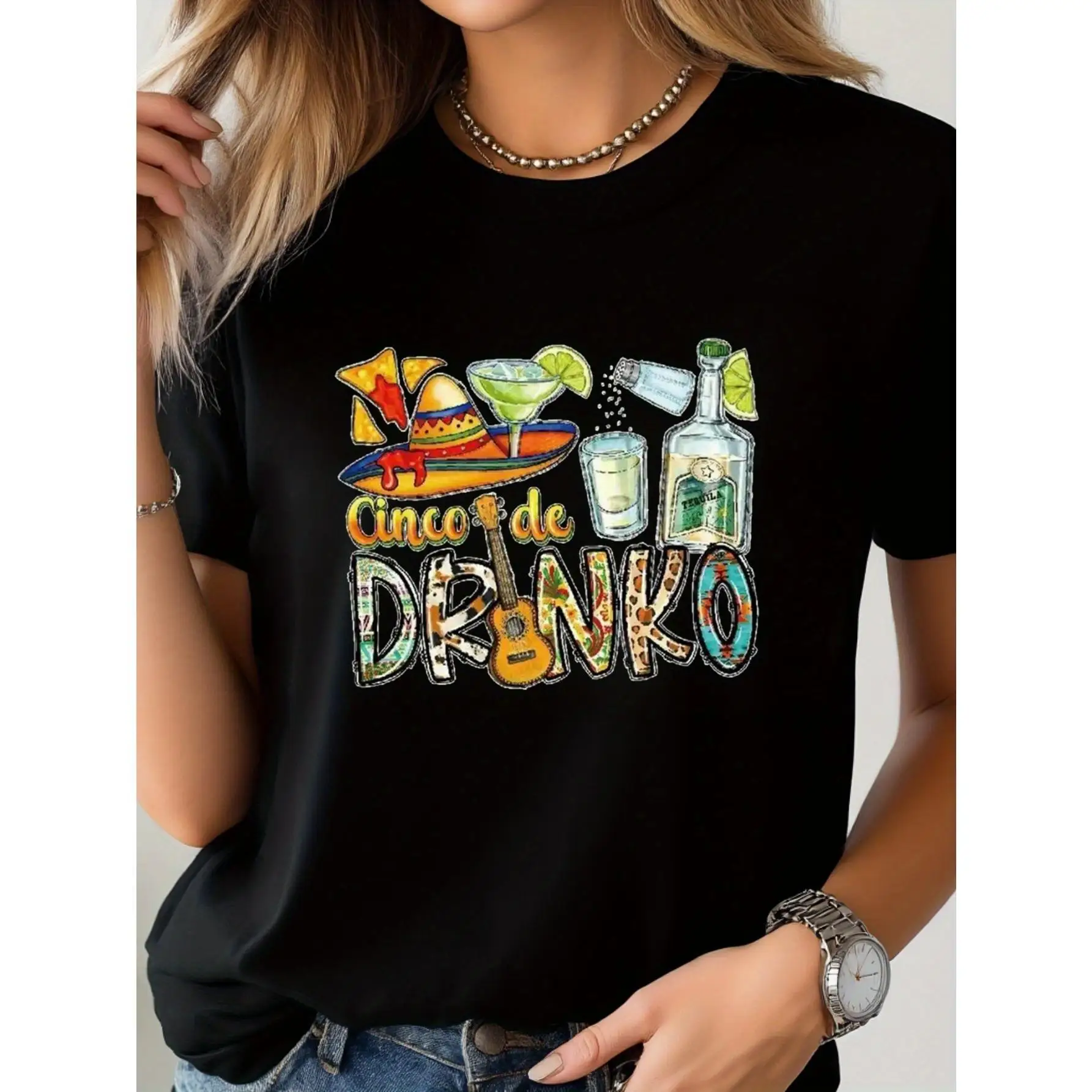 

Cinco de Drinko T-Shirt, Funny Mexican Party Graphic Tee, Tequila Margarita Lover Tops, Casual Holiday Festival Clothes