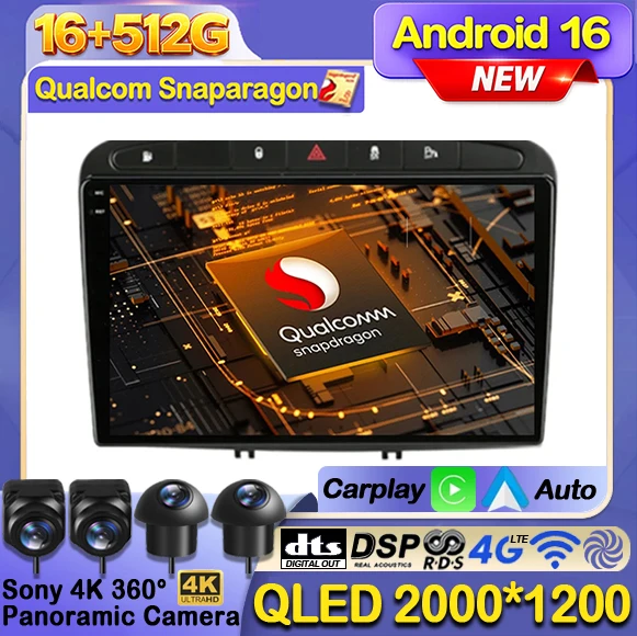 Radio Multimedia para Auto con Android 16 para Peugeot 408 1 (2012-2020) y Peugeot 308 1 T7 (2007-2015), Reproductor de Video, Navegador GPS, 4G, WIFI, DSP