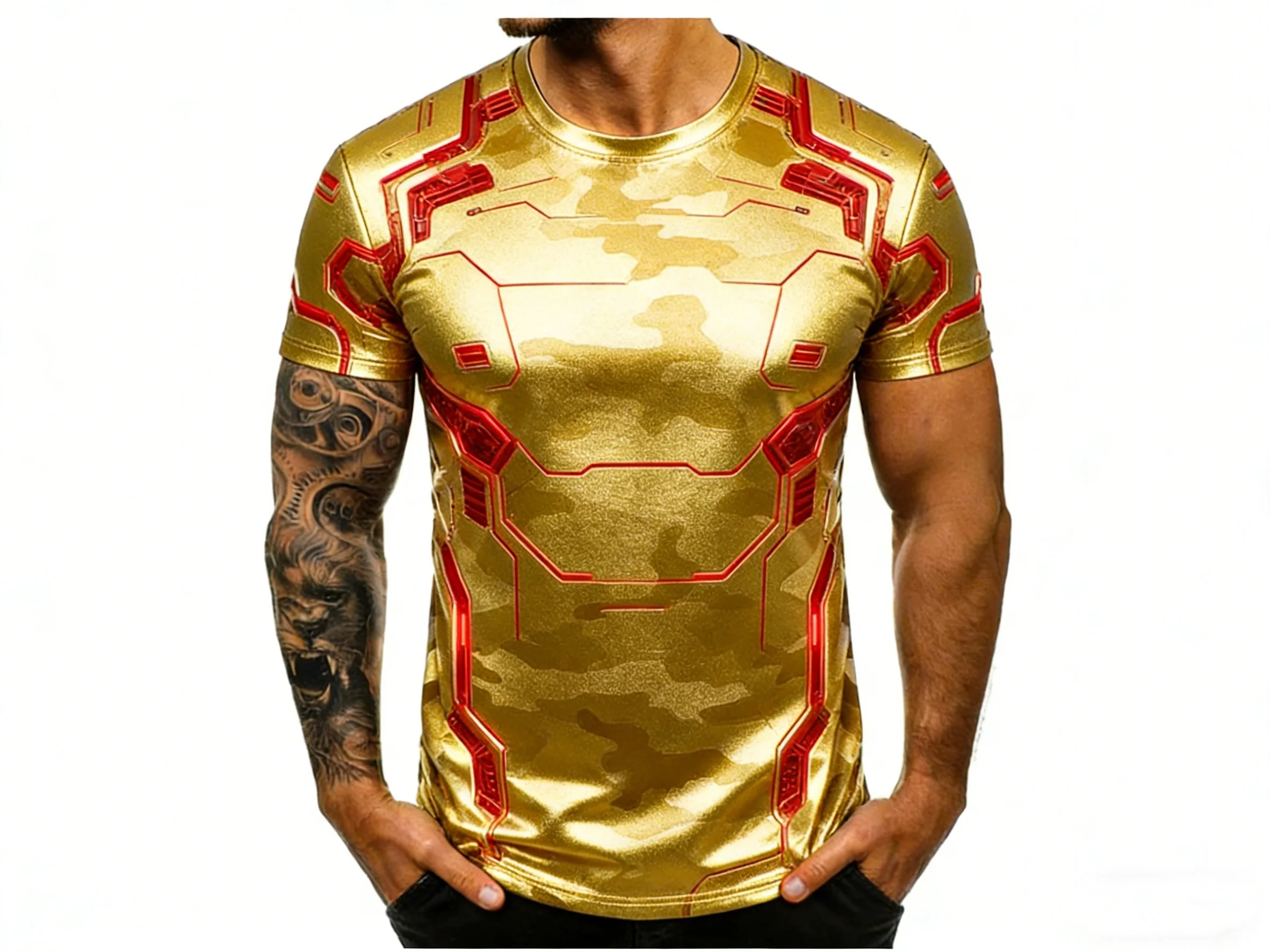 Men's Cyberpunk Armor Print T-Shirt 3D Camouflage Mechanical Short Sleeve Tee Futuristic Sci-Fi Streetwear Tops for Gym Party