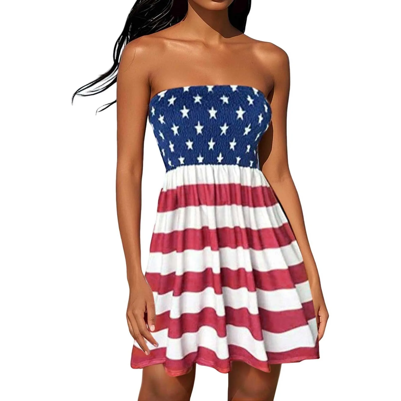 미국 독립 기념일 인쇄 미니 드레스 여성 여름 해변 캐주얼 Strapless Boho Sheath Dresses 여성 여름 Vestidos