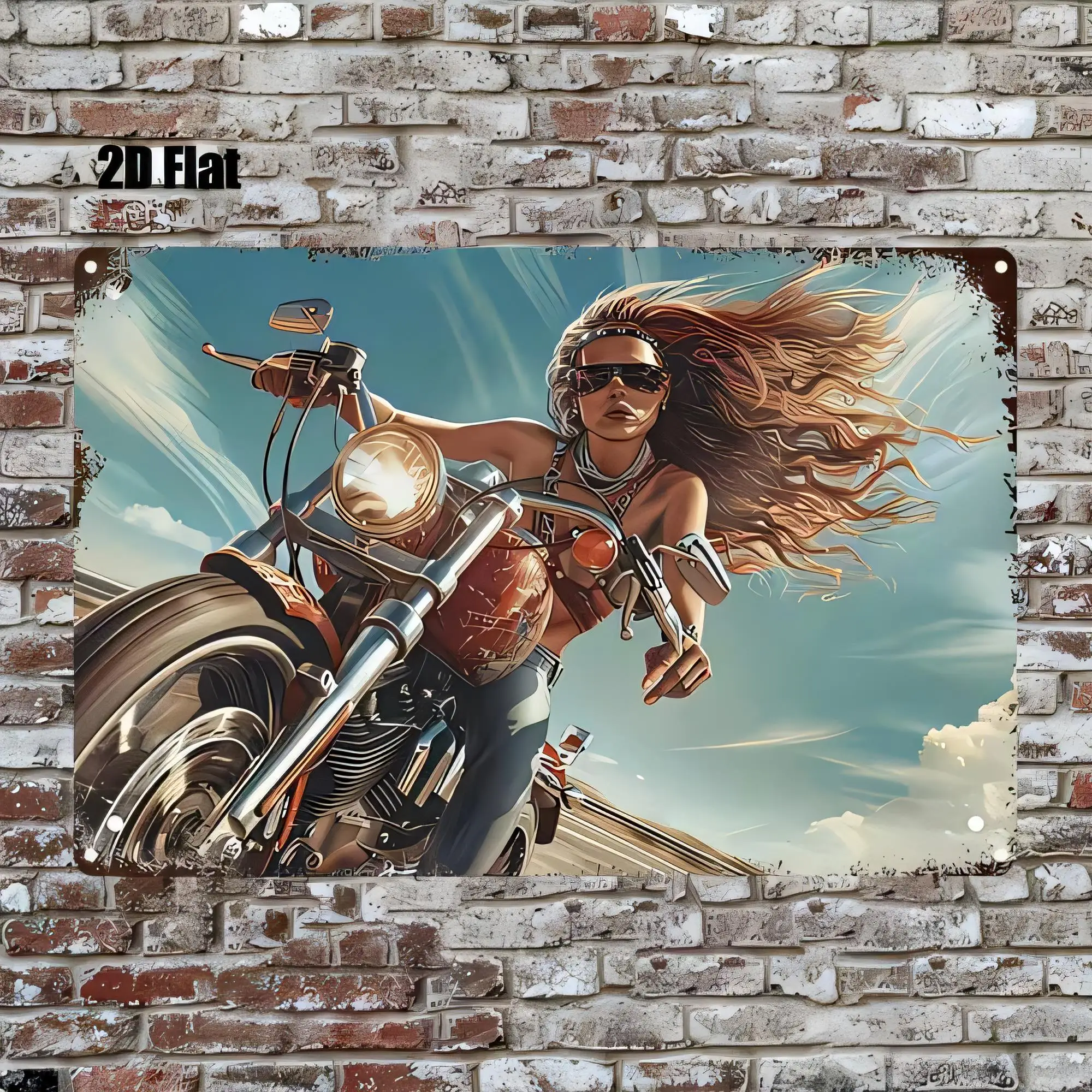 Tin Sign 20 Flat Motorcycle Girl Riding Through Wind Vintage Metal Wall Decor Plaque for Garage Bar Man Cave Cafe Home Art   Ret