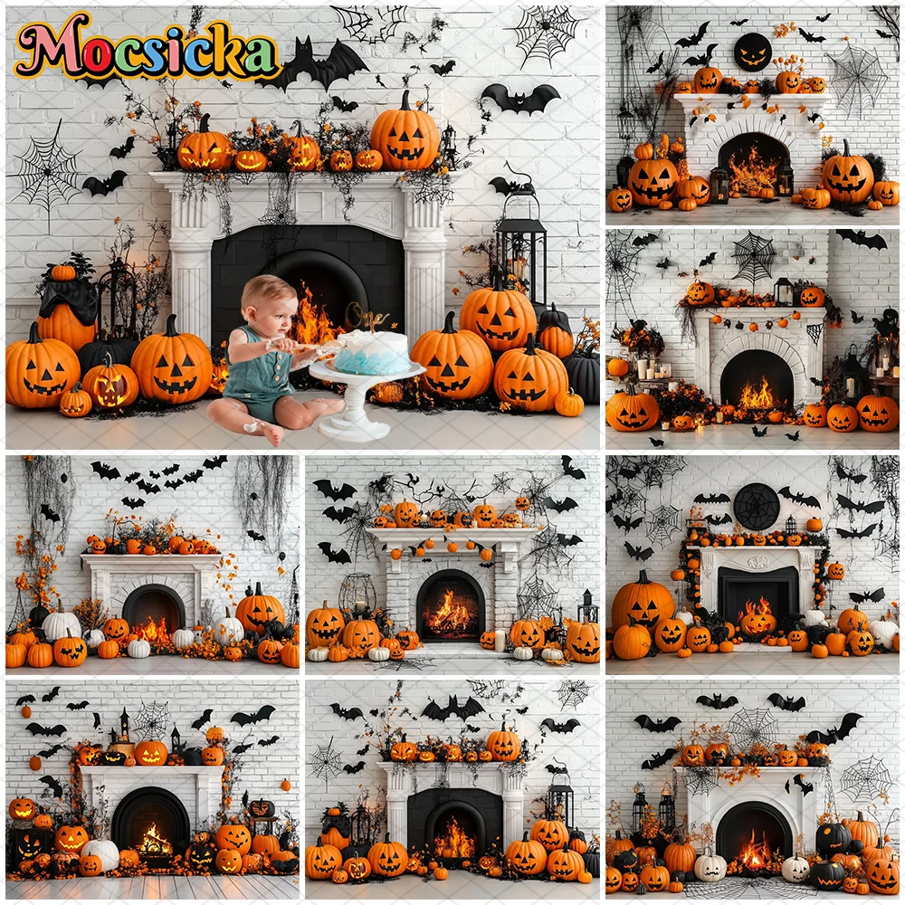 

Mocsicka Halloween Backdrop Autumn Family Kid Holiday Party Background Photography Pumpkin Bat White Fireplace Wall Decor Banner