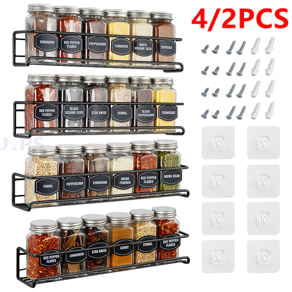 4/2PCS Spice Rack Organizer Wall Mount Storage Racks Space Saving Metal Seasoning Racks Kitchen Cabinet Door Spice Jar Organizer