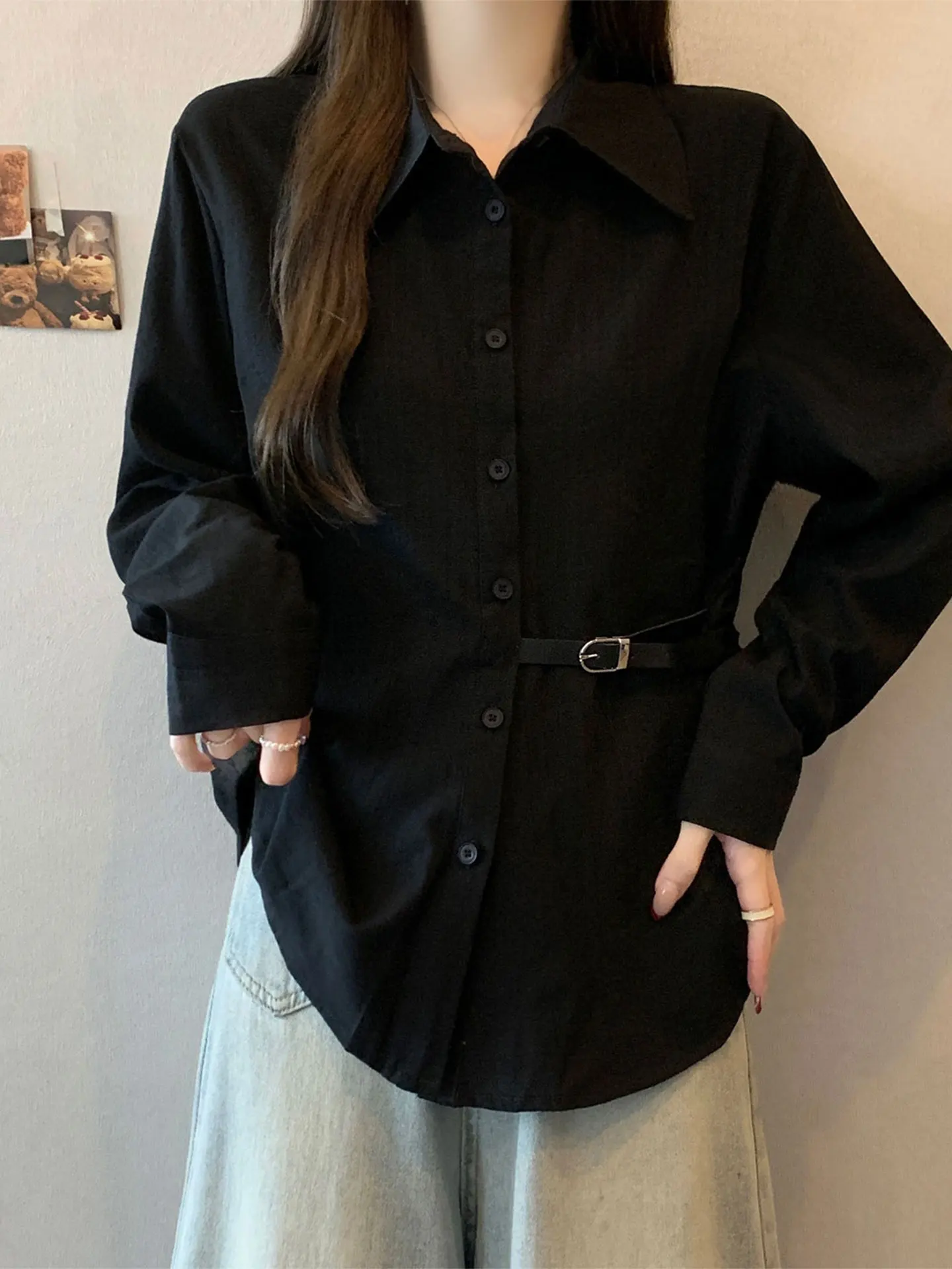 

Ele Bla Long Sve irt Women's plus Size Slimming Waist Design Leather Button Casual Sle Spring Faion Top