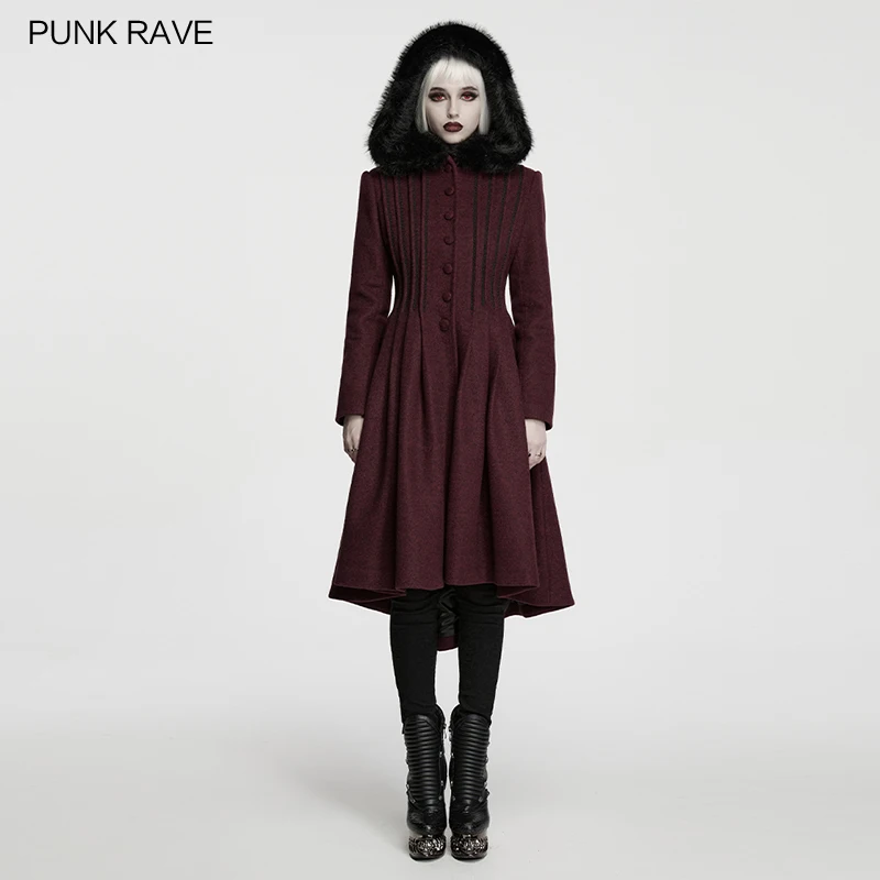 PUNK RAVE Women's Elegant Gothic Micro-elastic Wool Coat Vertical Stripes Waist-cinching Large Fur Hood Warmth Retro Long Jacket