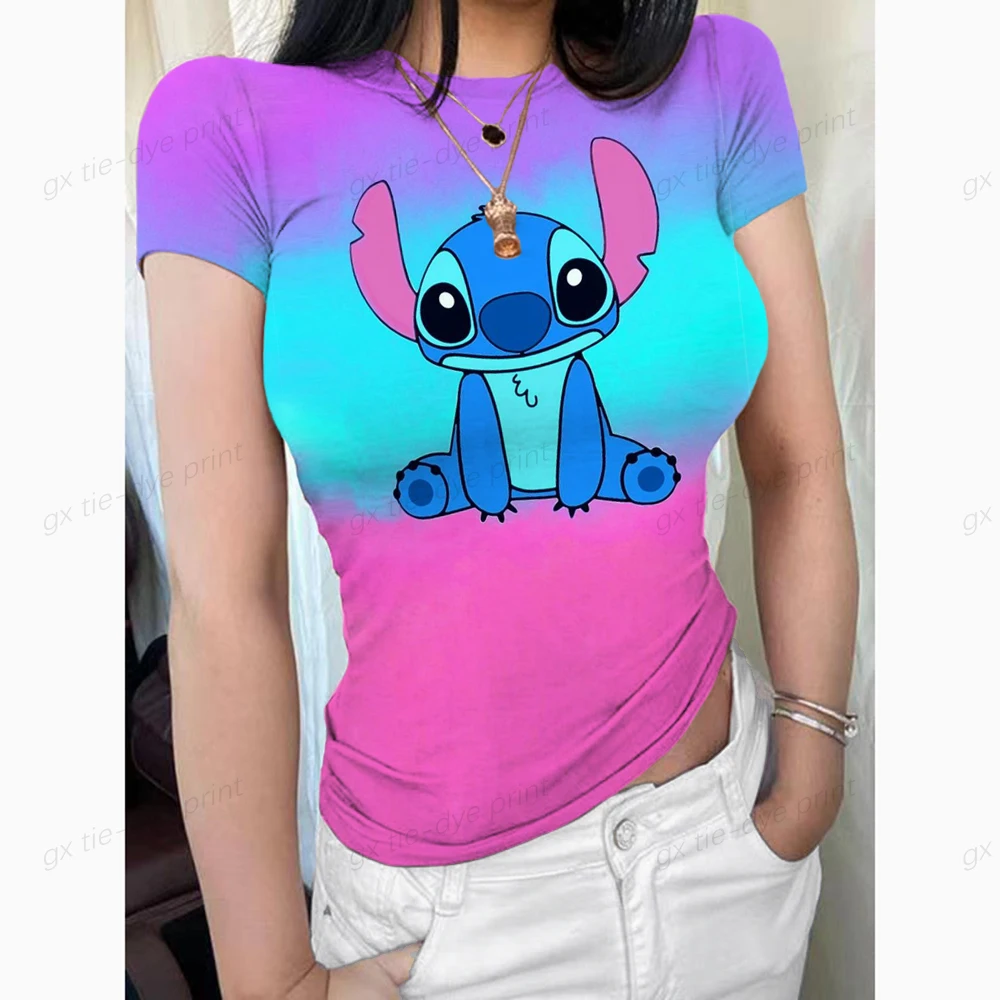 Women's Disney Lilo and Stitch 3D Printed T-shirt Tight Short Sleeve T-shirt Top Fashion Women's Beach Holiday T-shirt XS-3XL