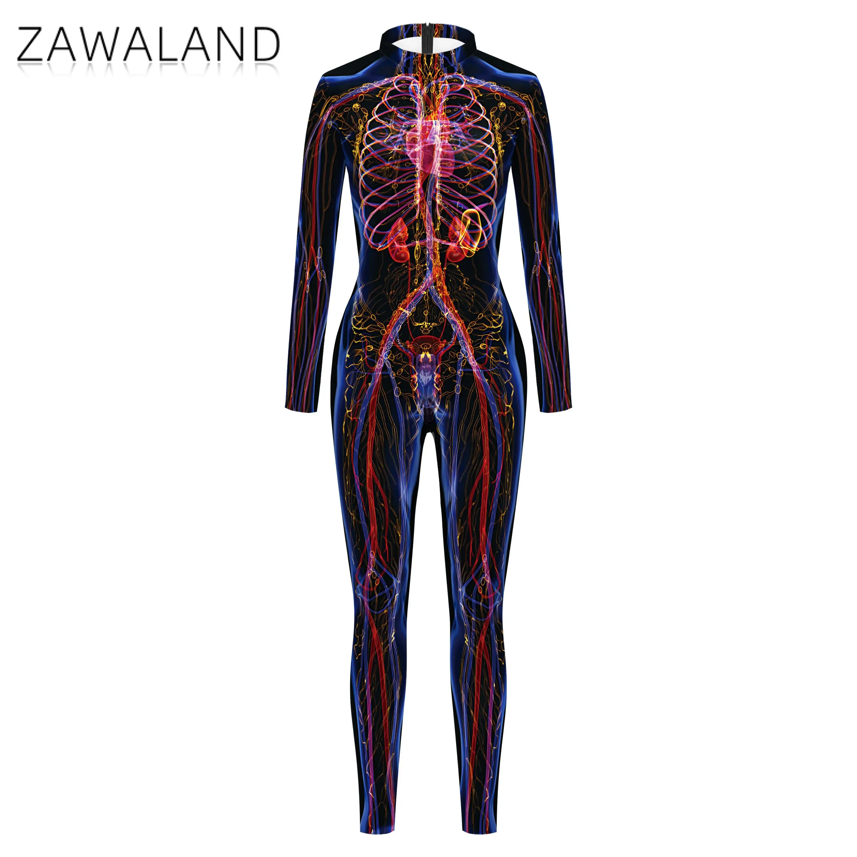 Zawaland Halloween 3D Party kombinezon z nadrukiem mięśni elastan anatomia człowieka body przebranie na karnawał Catsuit Zentai garnitur