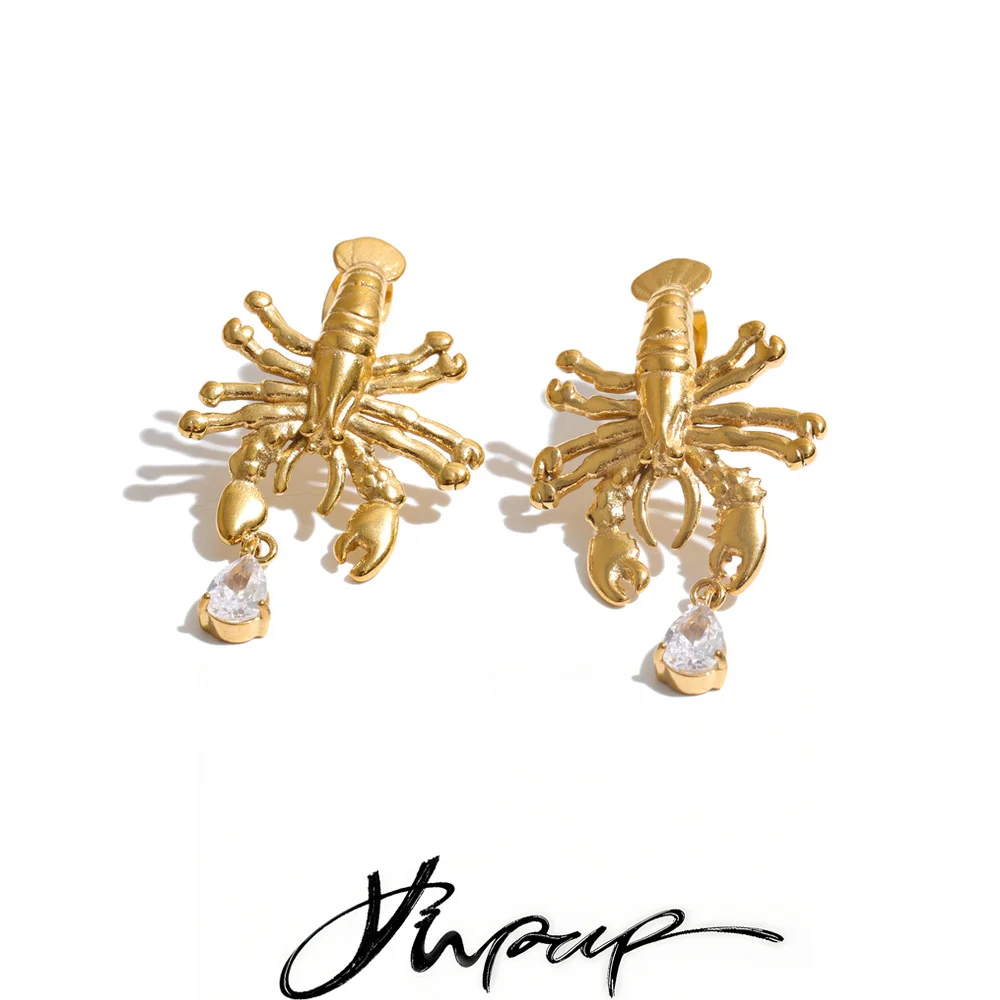 Yhpup Ocean Style Stainless Steel Drop Earrings Lobster CZ Teardrop Dangle Marine Animal Quirky Charm Jewelry Accessories