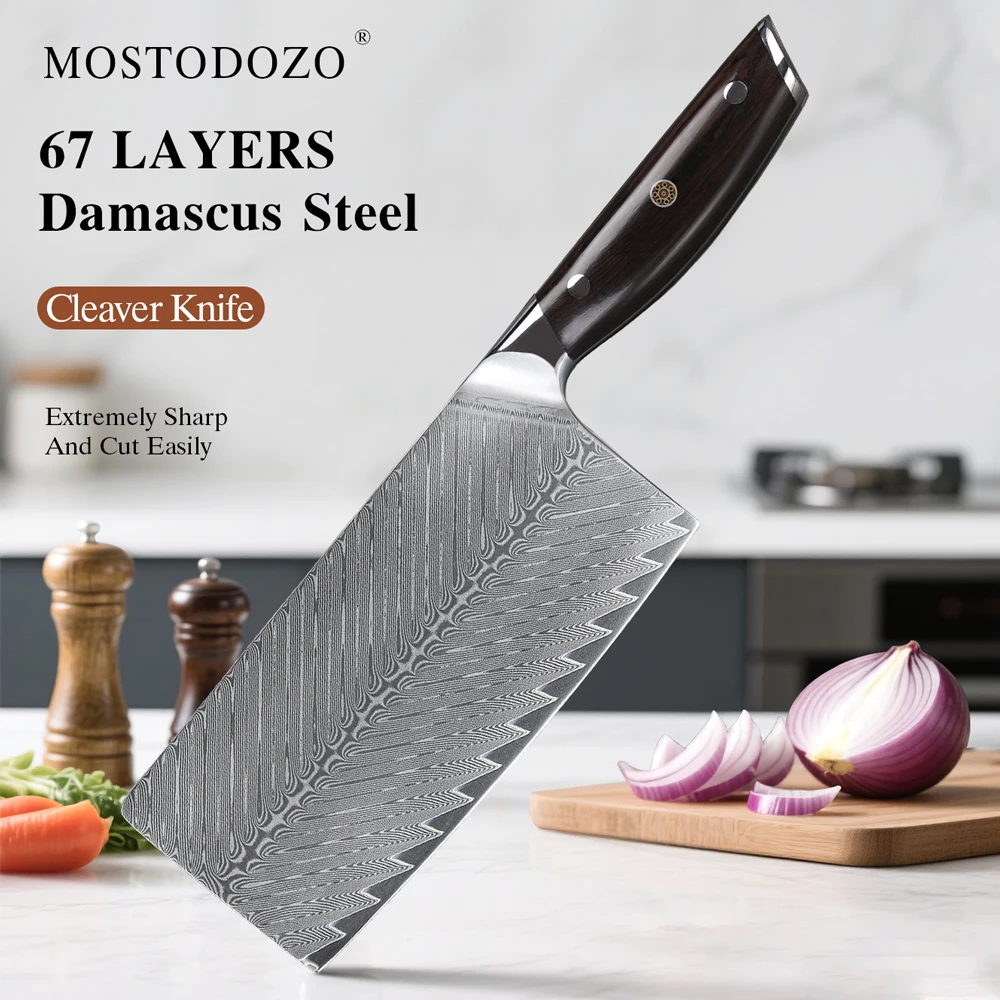 MOSTODOZO 7-Zoll Hackmesser aus 67-Lagen Damaszener Stahl, Professionelles Küchenmesser für Chefs, Scharfes Schneidemesser für Chinesisches Fleisch und Gemüse