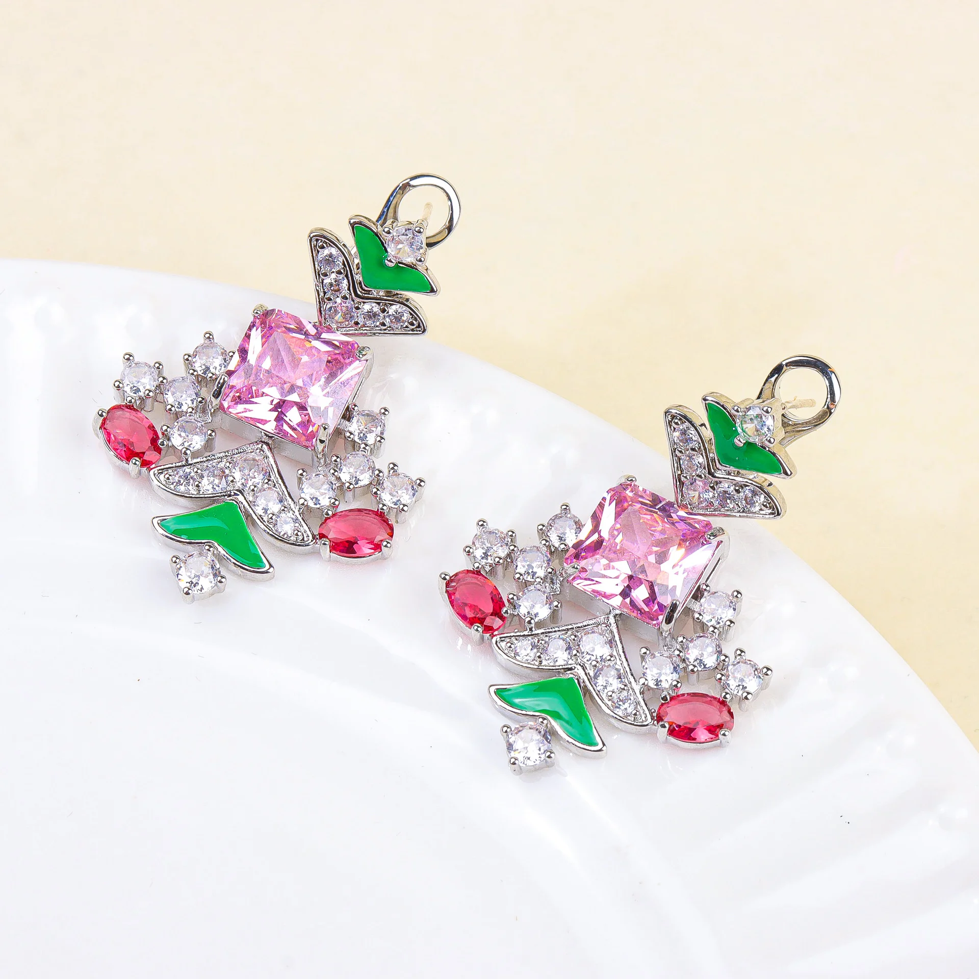 

Luxury Pink Sapphire Enamel Drop Earrings for Women, Vintage Crystal Dangle Earrings Wedding Party Jewelry Gift
