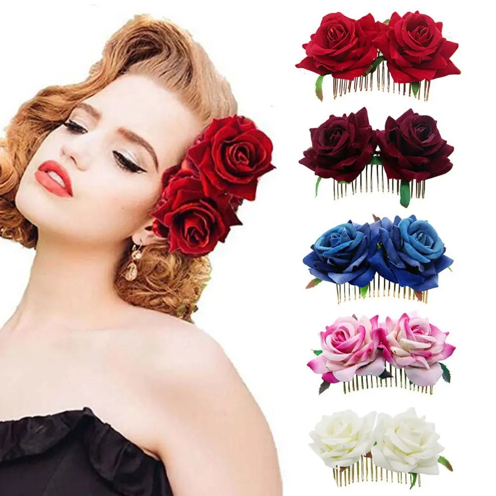 Ladies Handmade Elegant Red Rose Hairpin Wedding Accessories Bridal Flower Hair Comb Bridesmaid Hair Jewelry