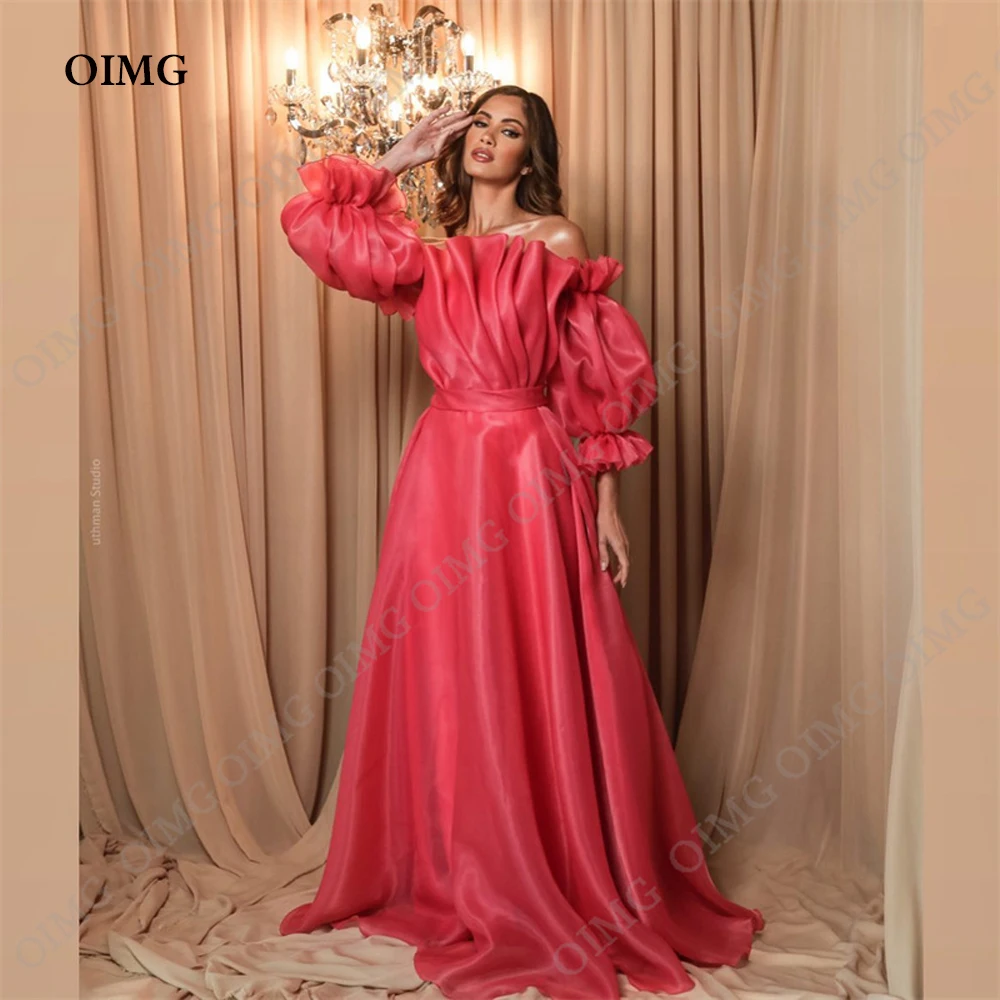 

OIMG Light Red ثوب الكرة Organza Long Prom Dressess Luxurious A Line Prom Dress Sexy Party Dress Custom Evening Dresses