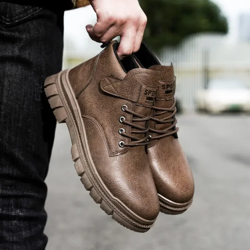 Men's Shoes 2025  Autumn New High Top British Style Mid Top Leather Boots Workwear Waterproof Elevated Men's Climbing Boots