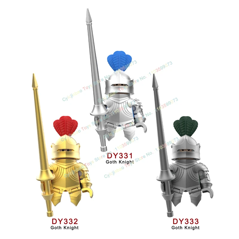 DY331-333 or argent ilron chevaliers armure cheval de guerre médiéval lourd armure chevaliers figurines d'action blocs de construction jouet pour enfants cadeau