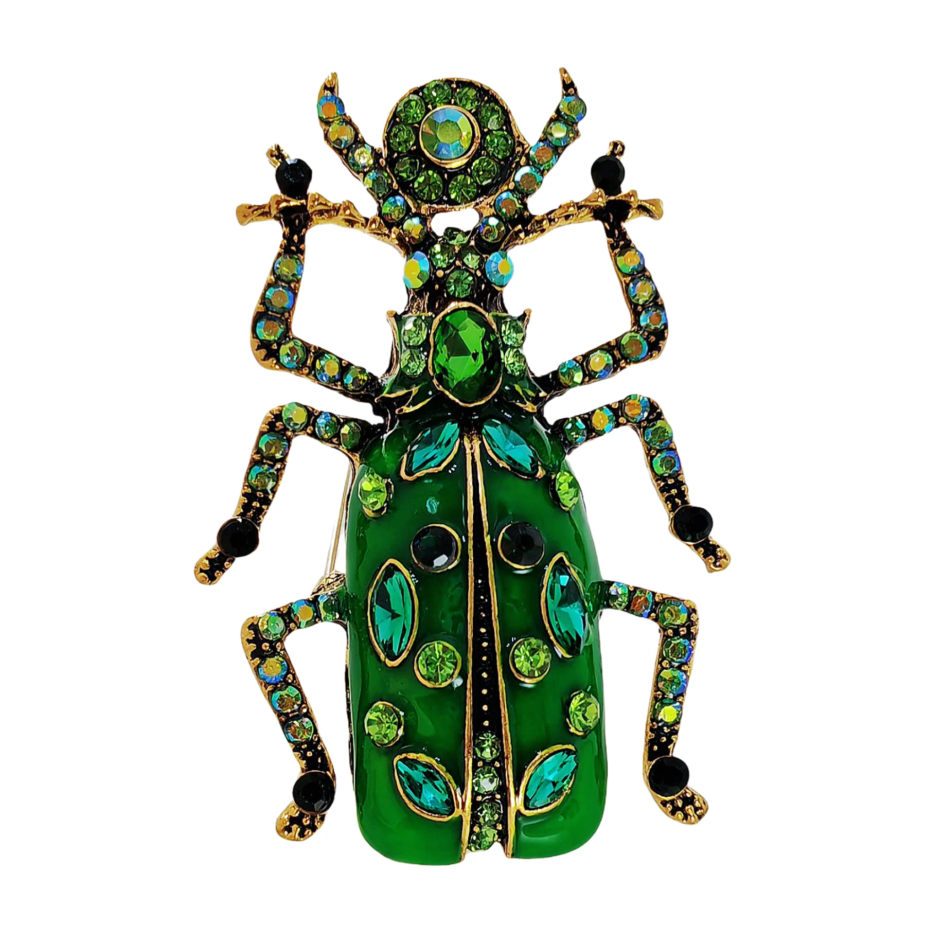 Vintage Style Green Enamel Beetle Broach with AB Accent Bug Insect Jewelry