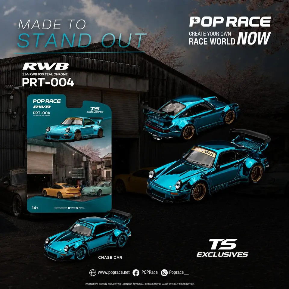 PopRace Porsche Rwb 930 Gt Wing Teal Chrome 1:64 Scale Simulation