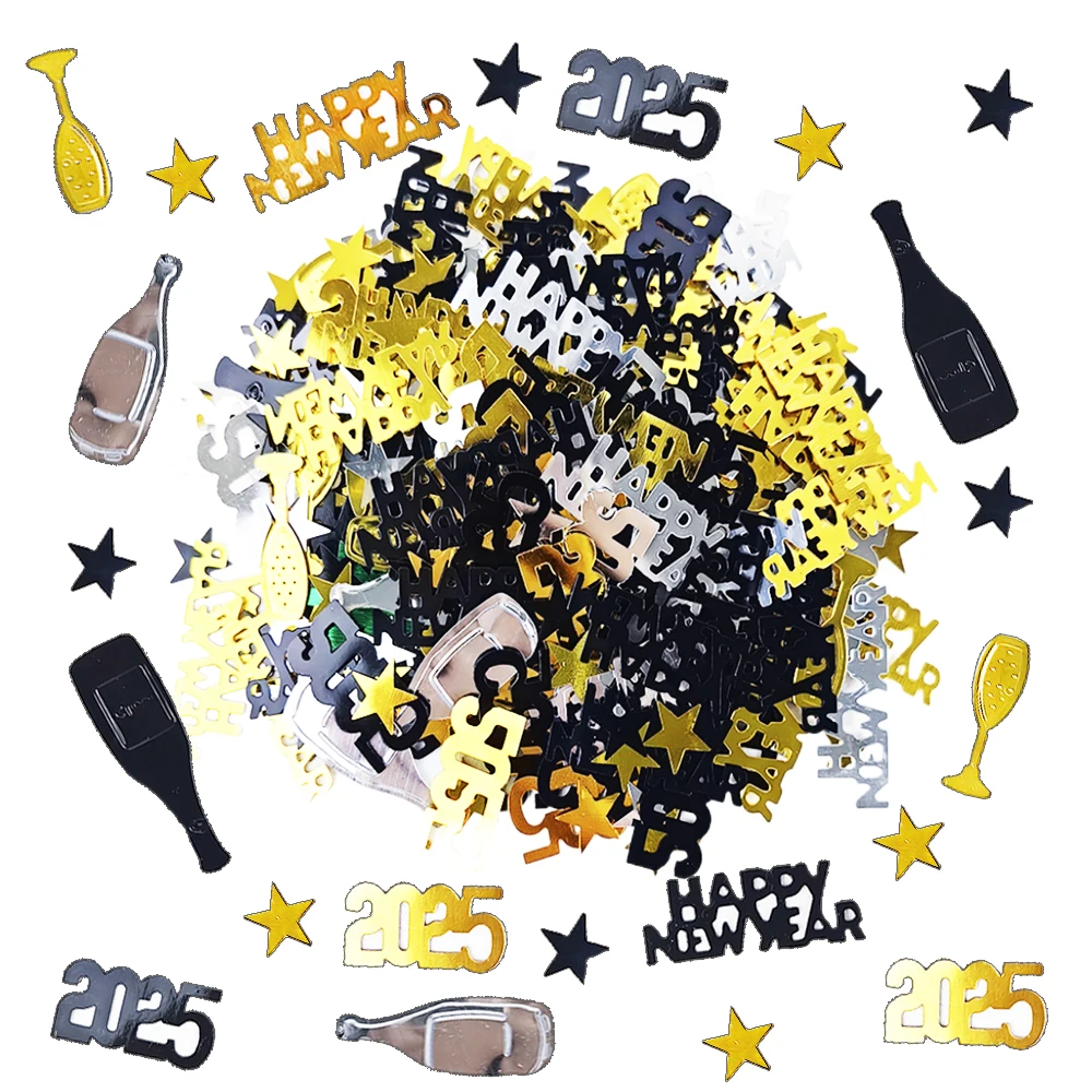 15g/Bag Happy New Year Mixed Colors Confetti Black Gold Silvery 2025 Happy New Year Star Wine Bottle Plastic Confetti Party Deco