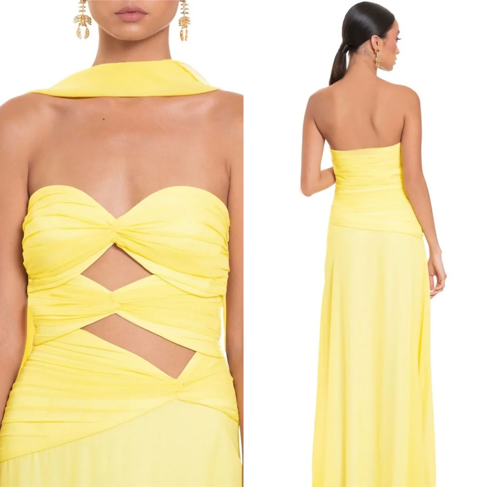 

Customized Modern Yellow Jersey Evening Dress Exquisite Sweetheart Sleeveless Celebrity Gowns Sweep Train Homecoming Dresses