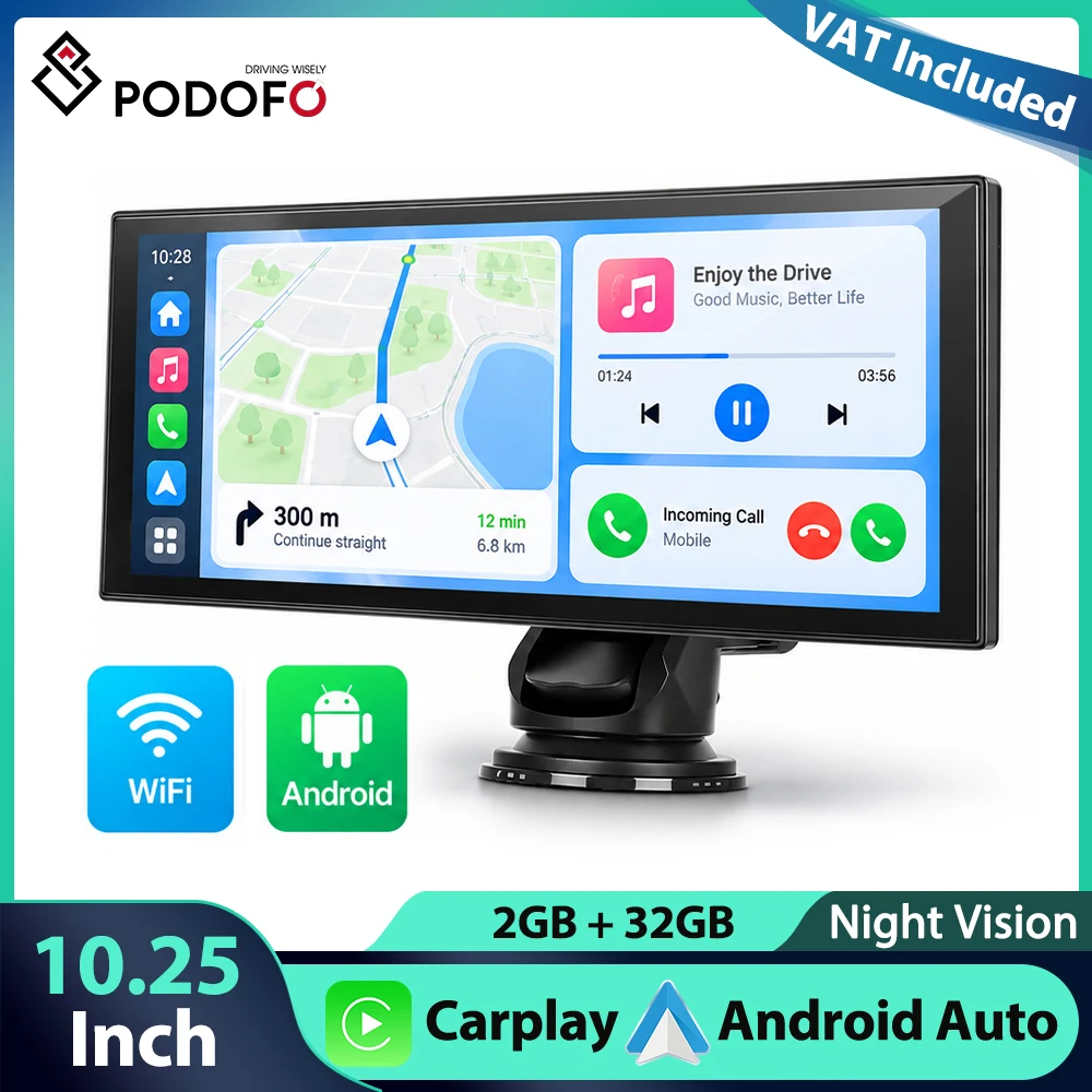Podofo 10.25'' 2+32G Lettore Smart Android con Schermo Touch, Monitor Auto WIFI, CarPlay Wireless, Android Auto, Bluetooth, Trasmettitore FM