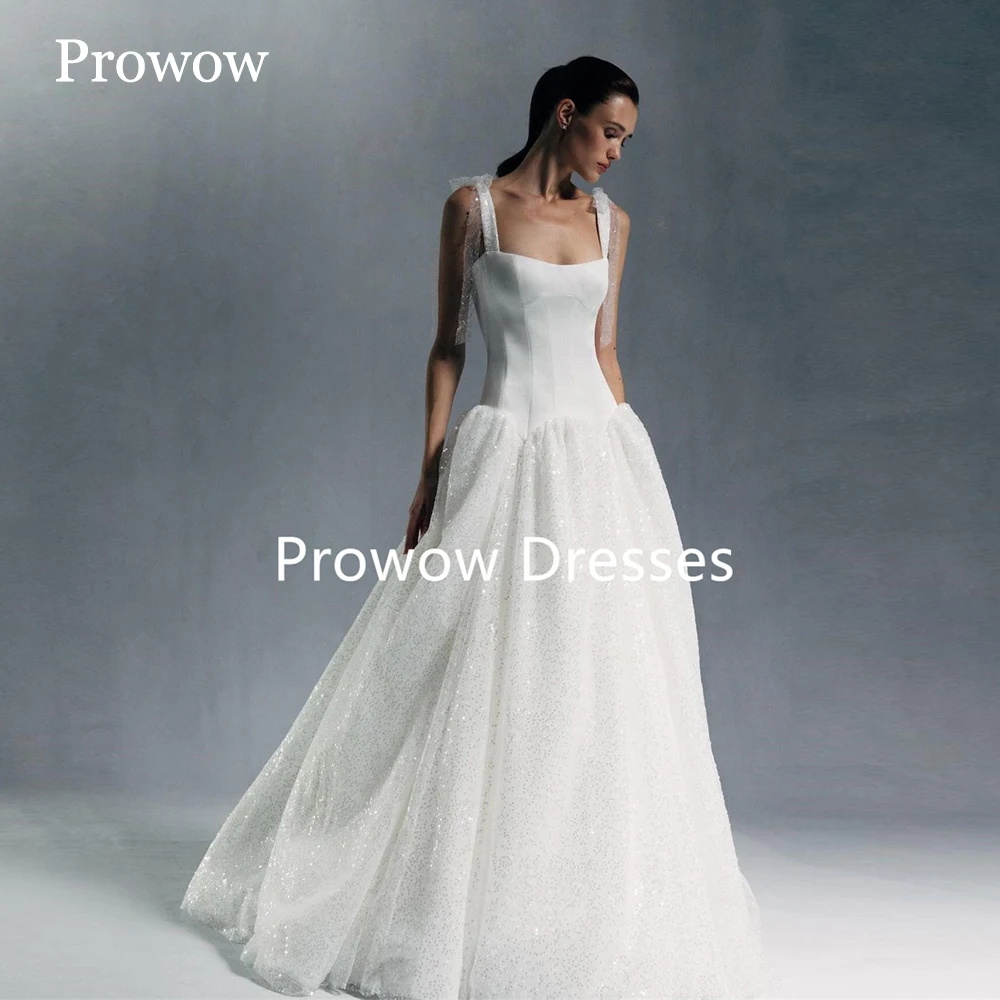 

Prowow 2025 Sparkly Organza A Line Wedding Dresses Pleats New Glitter Bridal Gowns Floor Length Ivory Scoop Neck Customized