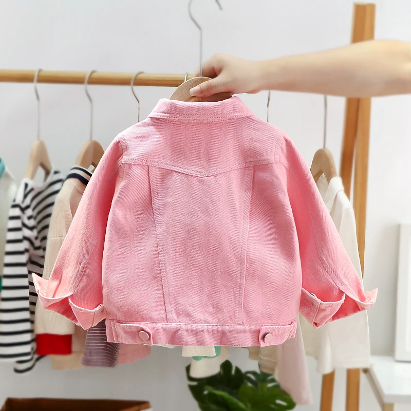 Solid Color Pink Kids Denim Jackets Outerwear 2023 New Spring Autumn Turn Down Collar Single Breasted 1-6 Years Girls Jean Coats