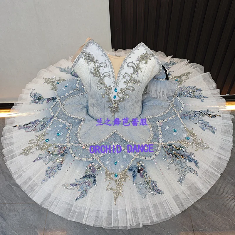 Women single puff sleeve jacquard V-neck professional tutu ballet costume silver thread blue gem phoenix embroidery light blue w