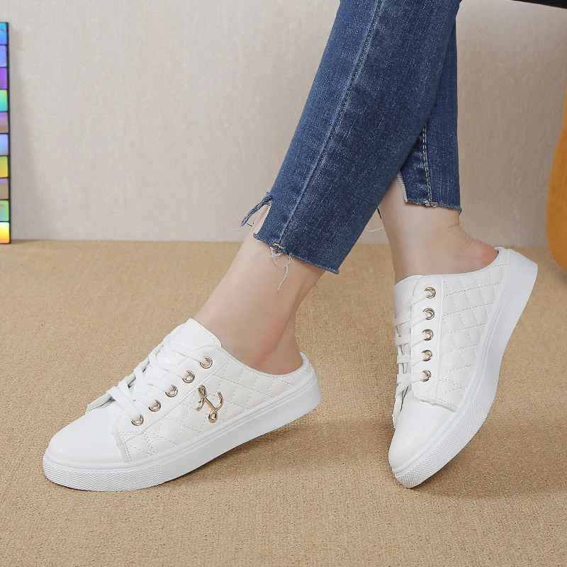 Summer White Half Slippers Women Vulcanization Shoes Female Retro Low Top Flats Breathable Lazy Loafers Outdoor Walking Shoes