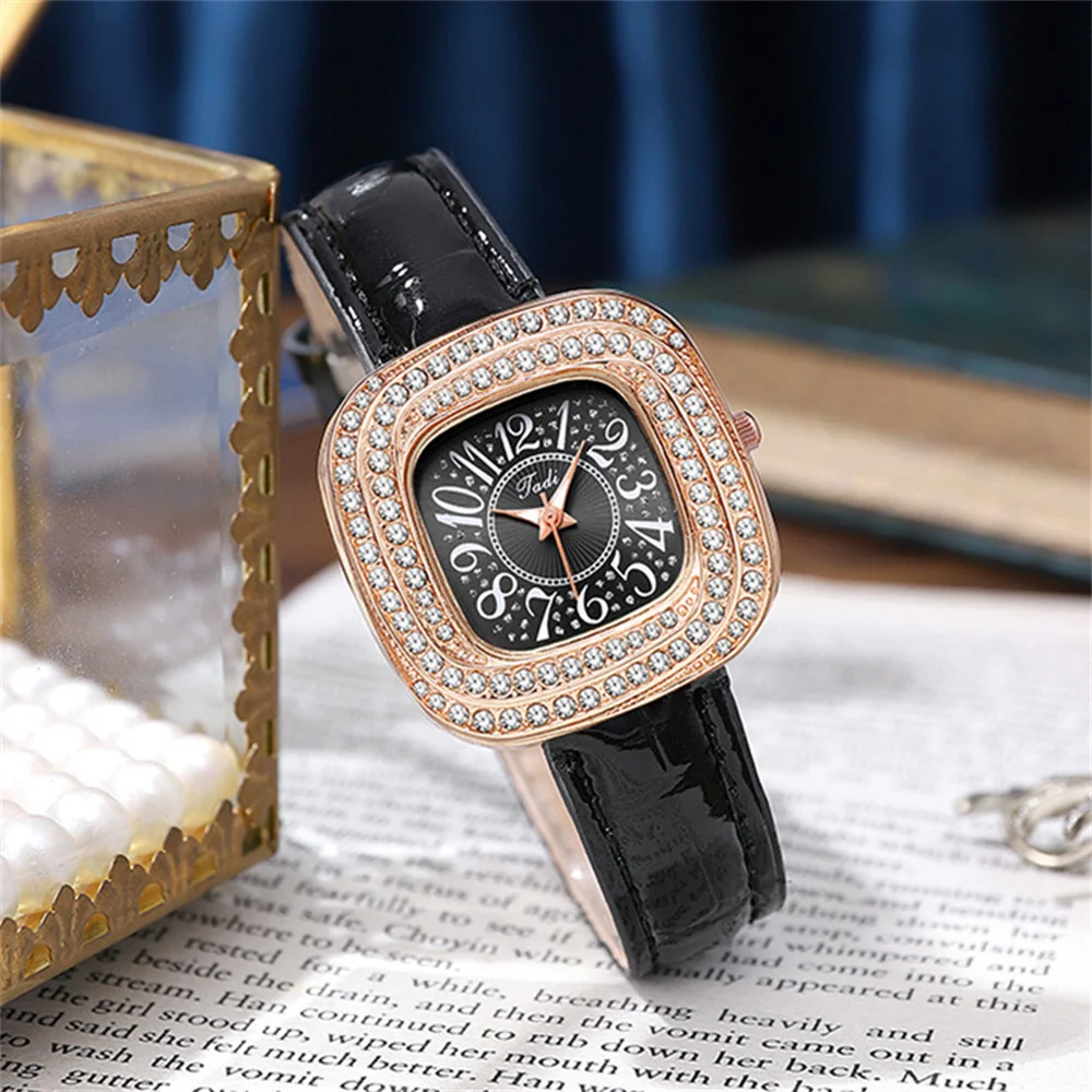 Fashion Full Star Luxury Ladies Square Arabic Numerals Quartz Watch Casual Green Leather Women\'s Gift Clock Wristwatch