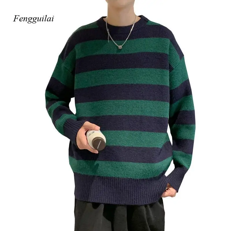 Autumn Winter Knitted Striped Sweater Men Casual Oversized Pullovers Sweaters Loose Warm Jumper Streetwear Teen Knitwear