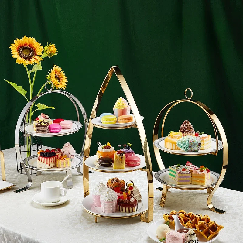 Afternoon  snack rack with three layers of trays, high-end restaurant, hotel dessert table, cake fruit plate tea break tableware