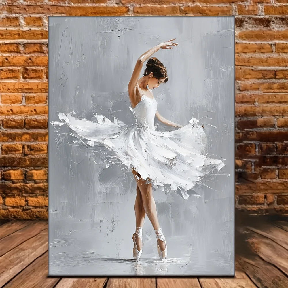 (No frame)1pc Framed 12x16 Inch White Ballerina Oil Painting on Canvas - Elegant Ballet Dancer Wall Art with Wood Frame, HD M
