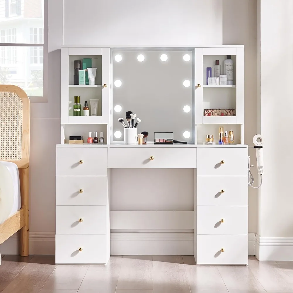 

White Vanity with Mirror and Lights, 2 Glass Cabinets and Height - Adjustable Shelf & 9 Drawers Dressing Table, Makeup Des