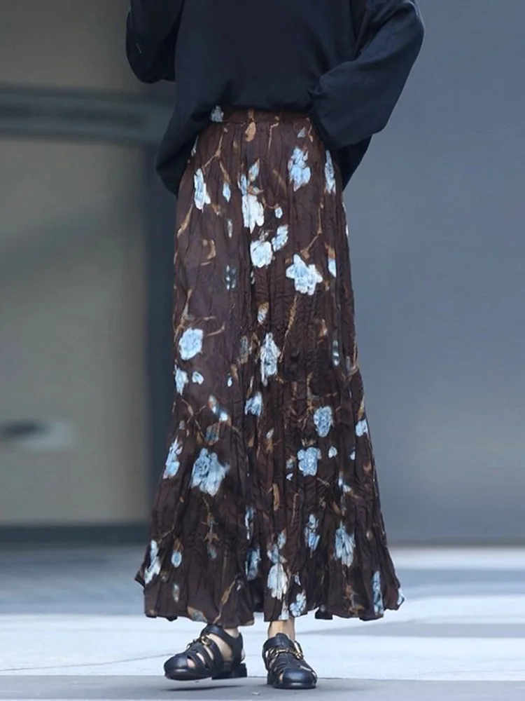 Vintage Floral Pleated Long Skirt Women Loose American Streetwear Retro A Line Skirts High Waist Lady Spring Summer Long Skirts